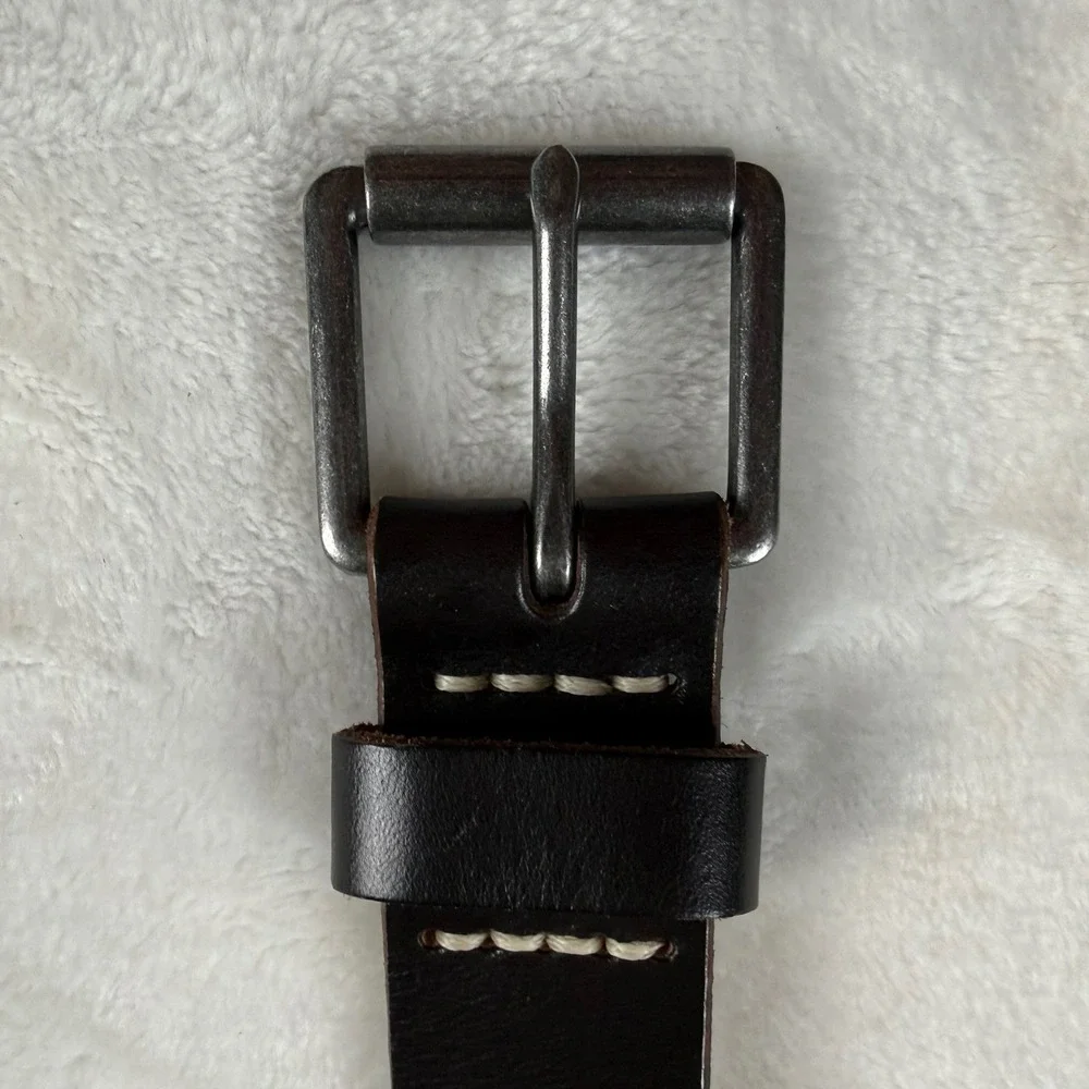 J.Crew Leather Roller Belt Mens 34 Dark Brown Rugged Heritage Stitching Buckle